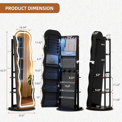 Vlsrka LED Mirror Jewelry Cabinet Standing, 360° Swivel, Black | Lockable Jewelry Armoire with Mirror, Interior LED Makeup Mirror, Foldable Shelf, Large Capacity, Gift for Women, Girls