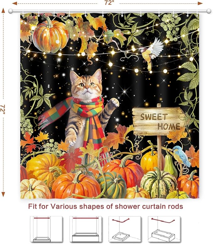 Shower Curtain Fall, Thanksgiving Shower Curtain for Bathroom 72x72 | Harvest Grape Pumpkin Shower Curtains Scarf Cat Autumn Maple Leaves Waterproof Washable Home Farmhouse Decor Bath Curtains