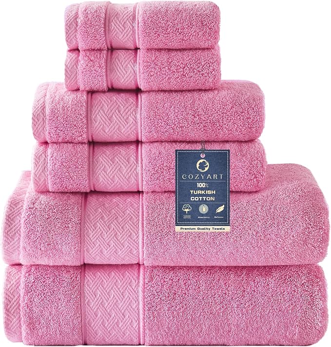 COZYART Bath Towel Set 6 PCS, Pink Luxury 100% Turkish Cotton 650GSM | Soft Absorbent Quick Dry, OEKO‑Tex 100 Cert. Zero Twist Ring Spun Cotton, Plush Fluffy, Breathable Hotel Quality Towels Set