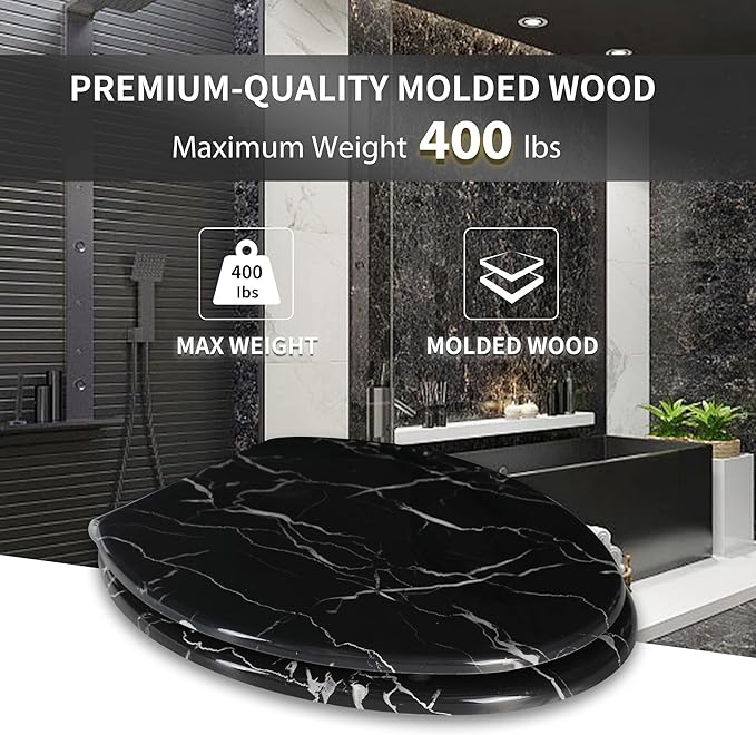 Angel Shield Marble Toilet Seat Durable Molded Wood with Quiet Close,Easy Clean，Quick-Release Hinges (Elongated,Black Marble)
