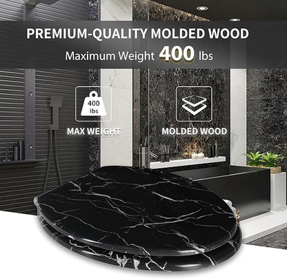 Angel Shield Marble Toilet Seat Durable Molded Wood with Quiet Close,Easy Clean，Quick-Release Hinges (Elongated,Black Marble)