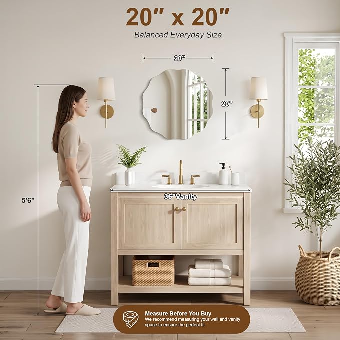 CILIBER Wavy Mirror for Wall, 20'' Scalloped Frameless Round Mirror, 3mm Tempered Glass Decorative Bathroom Vanity Mirror, Mounting/Leaning for Mantel, Living Room, Bedroom and Entryway