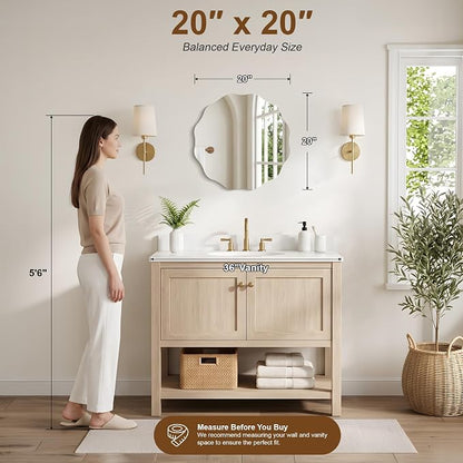 CILIBER Wavy Mirror for Wall, 20'' Scalloped Frameless Round Mirror, 3mm Tempered Glass Decorative Bathroom Vanity Mirror, Mounting/Leaning for Mantel, Living Room, Bedroom and Entryway