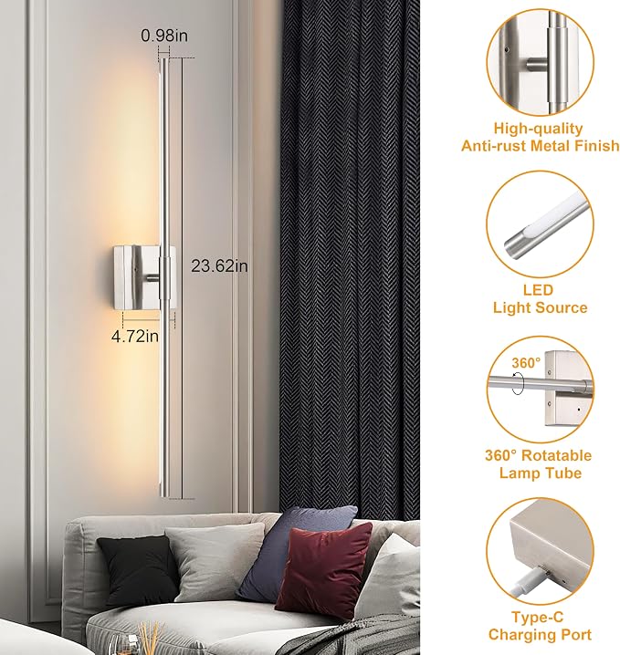 Morauroral Battery Operated Wall Sconces Set of 2, Dimmable Battery Wall Sconce with Remote Control, Sand-Nickel LED Rechargeable Sconces, 24 Inch Modern Wireless Wall Lights for Bedroom, Living Room