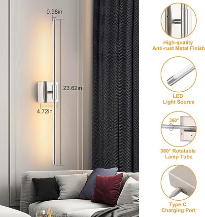 Morauroral Battery Operated Wall Sconces Set of 2, Dimmable Battery Wall Sconce with Remote Control, Sand-Nickel LED Rechargeable Sconces, 24 Inch Modern Wireless Wall Lights for Bedroom, Living Room
