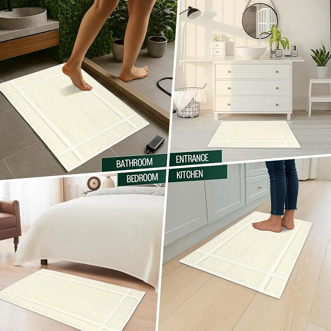 Pearl Linens Pack of 2 100% Cotton Bath Mat 18x25 inches, Soft & Absorbent Quick Dry Bathroom Mats Set, Not Bathroom Rugs, After Shower Mats, Bath Tub Mat, 781 GSM, Machine Washable, Ivory
