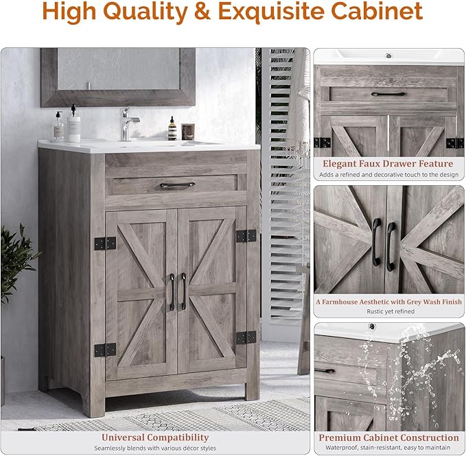 VINGLI 24" Farmhouse Bathroom Vanity with Sink, Undermount Vanity Sink Cabinet with Barn Door &Shelf,Free Standing Small Bathroom Storage Cabinet with Single Hole Ceramic Basin Combo Set,Washed Gray