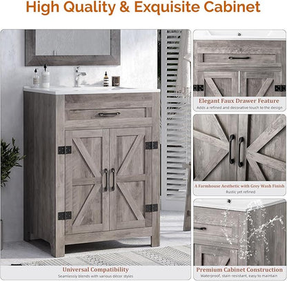 VINGLI 24" Farmhouse Bathroom Vanity with Sink, Undermount Vanity Sink Cabinet with Barn Door &Shelf,Free Standing Small Bathroom Storage Cabinet with Single Hole Ceramic Basin Combo Set,Washed Gray