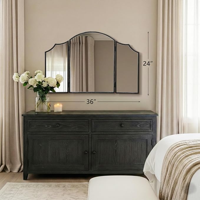 Besdomus Black Scalloped Vanity Mirror: 36"x24" Three Sided Dresser Miror | Classical Minimalist Wooden Arched 3 Way Trifold Mirror for Bedroom/Cloakroom/Dressing Room/Wall - Home Decor for Housewife