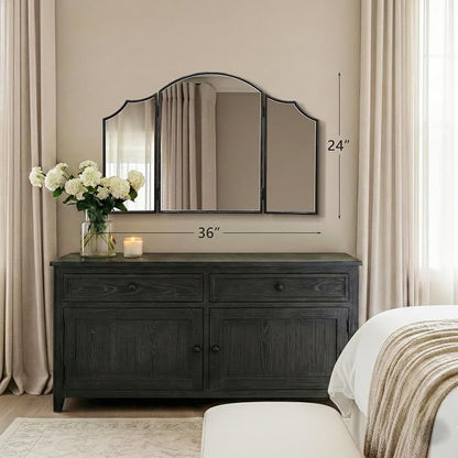 Besdomus Black Scalloped Vanity Mirror: 36"x24" Three Sided Dresser Miror | Classical Minimalist Wooden Arched 3 Way Trifold Mirror for Bedroom/Cloakroom/Dressing Room/Wall - Home Decor for Housewife