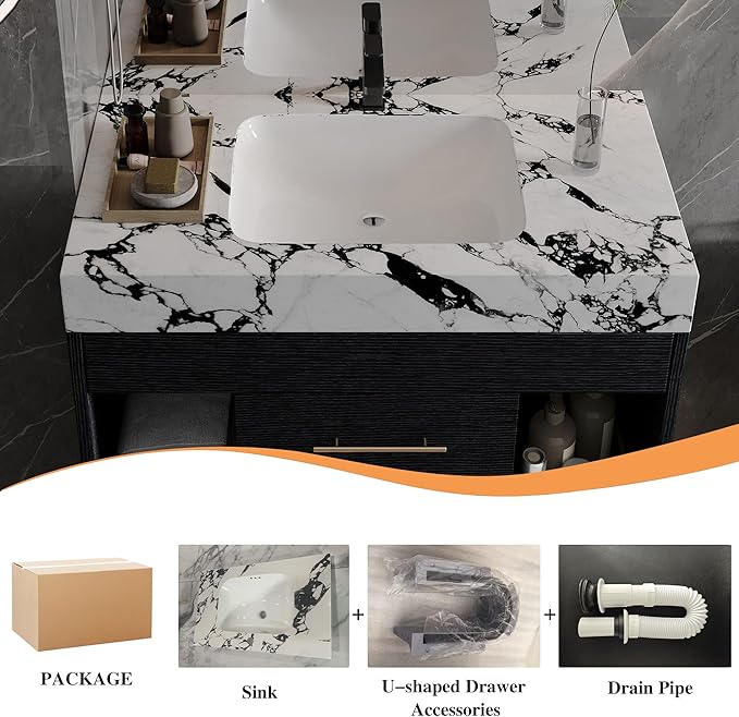 30" Modern Black Bathroom Vanity Sink Set Wall-Mounted Bathroom Vanities with Marble Sintered Stone Top&Ceramic Sink 30 inch Floating Bathroom Sink Cabinet with 2 Drawers&2 Cabinets