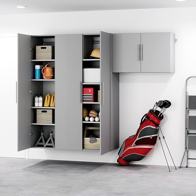 Prepac HangUps 30" Wide Upper Garage Storage Cabinet, Wood Hanging Wall Cabinet for Laundry Room, Wall Mounted Storage with Adjustable Shelf, Floating Cupboard with Metal Hanging Rail, Light Gray
