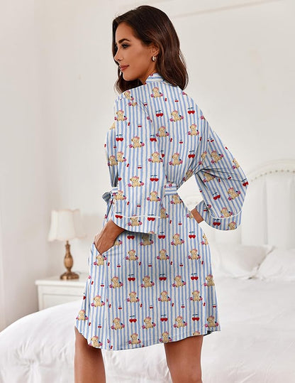 Ekouaer Women Kimono Robes Knee Length Knit Bathrobe Lightweight Soft Sleepwear V-neck Casual Ladies Loungewear