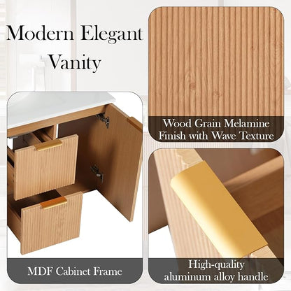 36" Wall Mounted Bathroom Vanity with Ceramic Sink, Modern Floating Bathroom Cabinet with Soft Close Doors & Divided Drawers, MDF Wood Vanity Set for Small Bathroom, Natural Oak