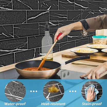 Art3d 102-Pack Peel and Stick Backsplash on Subway Tile, Black Marble | 3 x 6 in, PVC, Self Adhesive, Waterproof, Traceless Peel, Modular Splicing, Ideal for Vanities, Bathrooms
