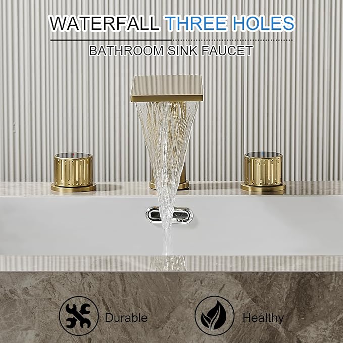 becola Brushed Gold Bathroom Faucet 3 Hole, 8 inch Widespread Bathroom Faucet with Top Storage, Waterfall Bathroom Faucet，2-Handle Modern Vanity Faucet with Adjust Knobs and Two Supply Lines