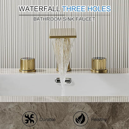 becola Brushed Gold Bathroom Faucet 3 Hole, 8 inch Widespread Bathroom Faucet with Top Storage, Waterfall Bathroom Faucet，2-Handle Modern Vanity Faucet with Adjust Knobs and Two Supply Lines