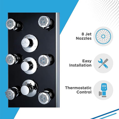 Blue Ocean 52” Aluminum SPA331B Tempered Glass Thermostatic Shower Panel Tower Column with Rainfall Shower Head, 8 Multi-Functional Nozzles, and Tub Spout (Premium Matte Black)