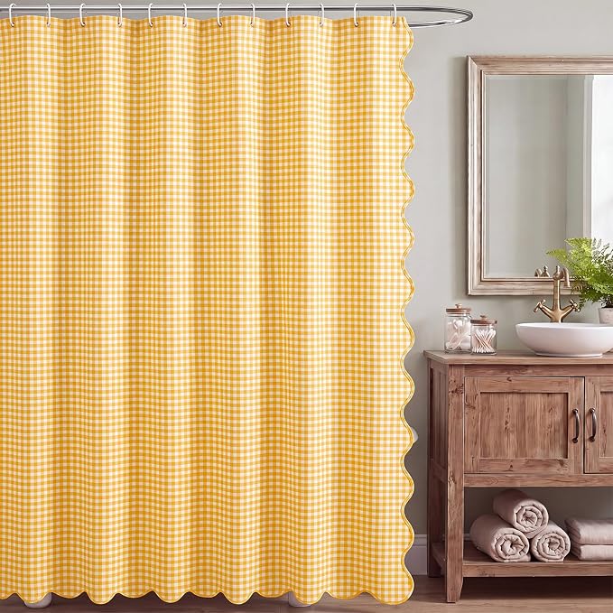 HunnmingRe Scalloped Gingham Shower Curtain Yellow | 72'' x 72'' Vintage Farmhouse Curtain, Cotton Cottage Core Rural Checkered Plaid Decor, Fall Shower Curtain for Bathroom