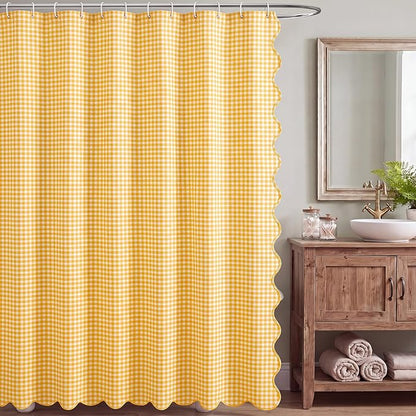 HunnmingRe Scalloped Gingham Shower Curtain Yellow | 72'' x 72'' Vintage Farmhouse Curtain, Cotton Cottage Core Rural Checkered Plaid Decor, Fall Shower Curtain for Bathroom