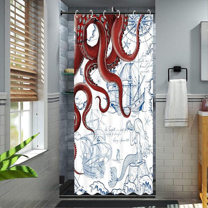 Fungarth Stall Red Nautical Octopus Shower Curtain Navy Blue Mermaid Funny Ocean Kraken Shower Curtains for Bathroom Cool Anchor Coastal Map Waterproof Fabric Bath Curtain Decor (Red, 36” x 72”)