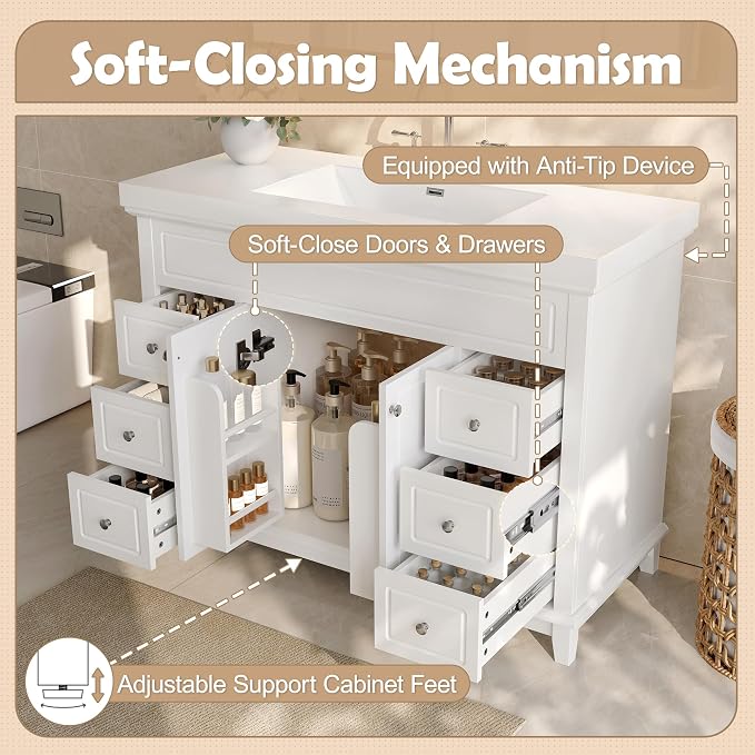 Harper & Bright Designs 48" Bathroom Vanity Set with Sink, Free Standing Single Basin Vanity Set with 2 Soft-Close Doors and 6 Drawers, Wood Storage Cabinet with Resin Basin for Bathroom, White