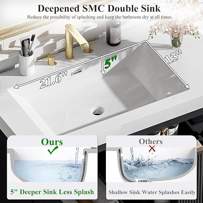 60" Bathroom Vanity with Sink Combo, Floating Double Sink Bathroom Vanity with SMC Resin Top, MDF Cabinet with Solid Wood Frame, Wall-Mounted Bath Room Vanities for Large Bathrooms(Black)