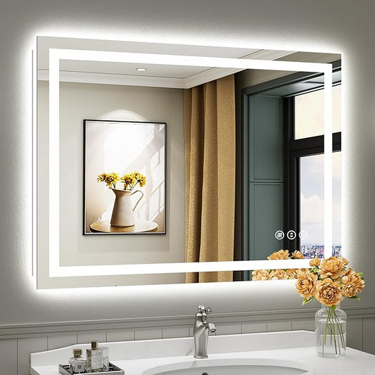 44x32 Inch LED Bathroom Mirror with Lights, Backlit & Front Lit, Anti-Fog Lighted Bathroom Vanity Mirror for Wall, Memory Function, Dimmable, HD Tempered Glass, Shatter-Proof