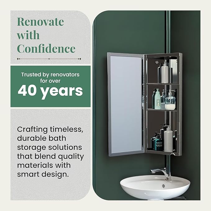 Renovators Supply Infinity Corner Medicine Cabinet with Mirror - Triple Shelf Storage Cabinet - Modern Wall Mount Medicine Cabinet - 23.6 in., Right Open, Polished Stainless Steel, Pack of 1