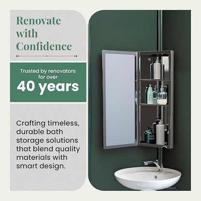 Renovators Supply Infinity Corner Medicine Cabinet with Mirror - Triple Shelf Storage Cabinet - Modern Wall Mount Medicine Cabinet - 23.6 in., Right Open, Polished Stainless Steel, Pack of 1