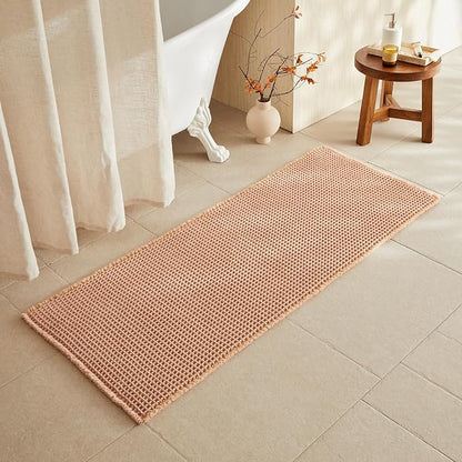 TYUU Waffle Runner Rug Bathroom, Long Boho Bath Mat, 60x24 Light Peach | Super Absorbent Quick Dry Bath Rug, Non-Slip Backing, Soft Waffle Washable Farmhouse Bathroom Mats, Tub, Shower & Home Decor