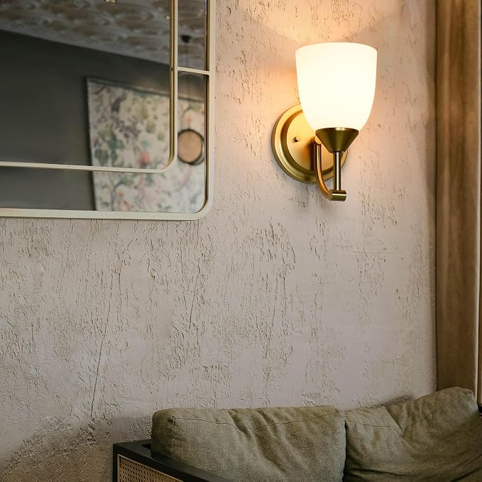 Traditional 1-Light Indoor Gold Wall Sconce with Frosted Glass Bathroom Bedroom Hallway, 9.6" H x 5.5" W, Aged Brass