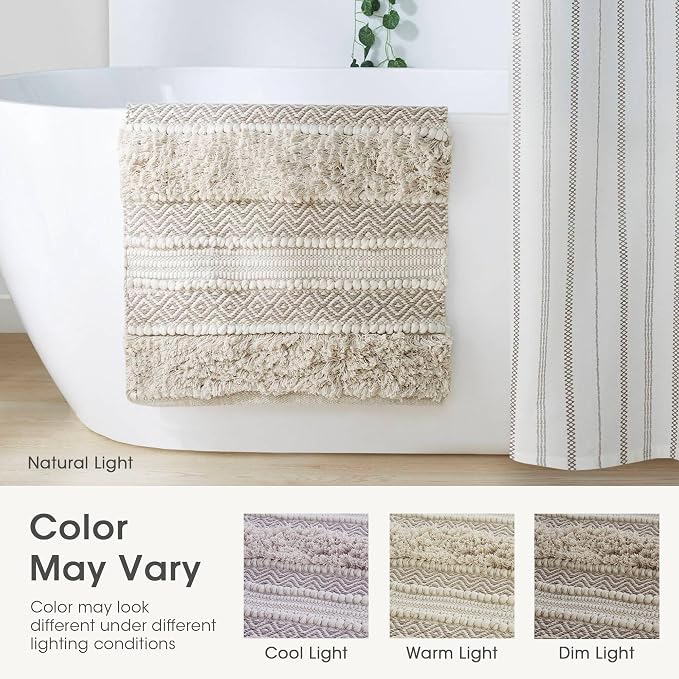 INK+IVY Asher Non-Slip Bath Rug Absorbent Quick Dry, 20 x 32, Natural | Soft Pile, Machine Washable, Striped Pattern, Boho, OEKO-TEX Certified, Hand-Woven Texture, for Bathroom, Shower Room