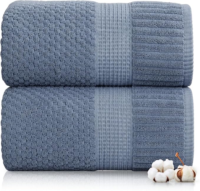 2 Pack Oversized Bath Towels 100% Cotton | Blue Towels | Oeko‑TEX Standard 100 | Soft & Absorbent, Quick‑Dry | Trinity Collection - Flint Stone