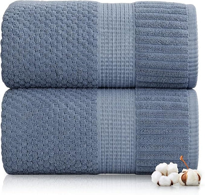 2 Pack Oversized Bath Towels 100% Cotton | Blue Towels | Oeko‑TEX Standard 100 | Soft & Absorbent, Quick‑Dry | Trinity Collection - Flint Stone