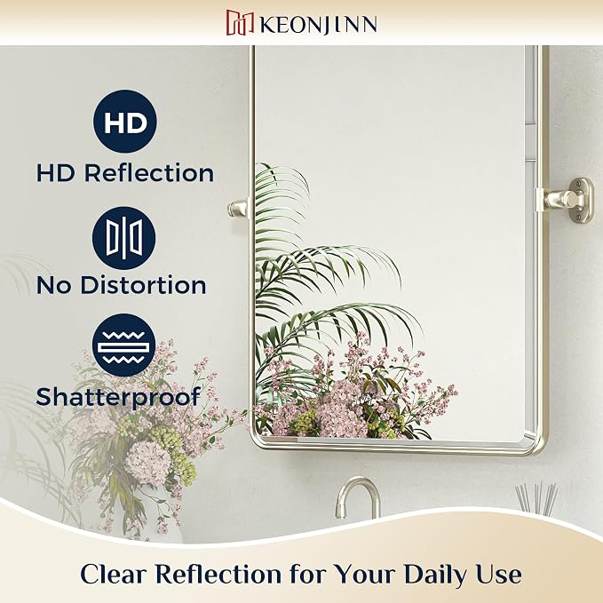 Keonjinn 40x30 Inch Brushed Nickel Povit Mirror for Bathroom, Tilt Mirror | Tenmpered Glass, Rectangle, Adjustable Bathroom Mirrors for Over Sink, Farmhouse, Metal Framed, Horizontal/Vertical