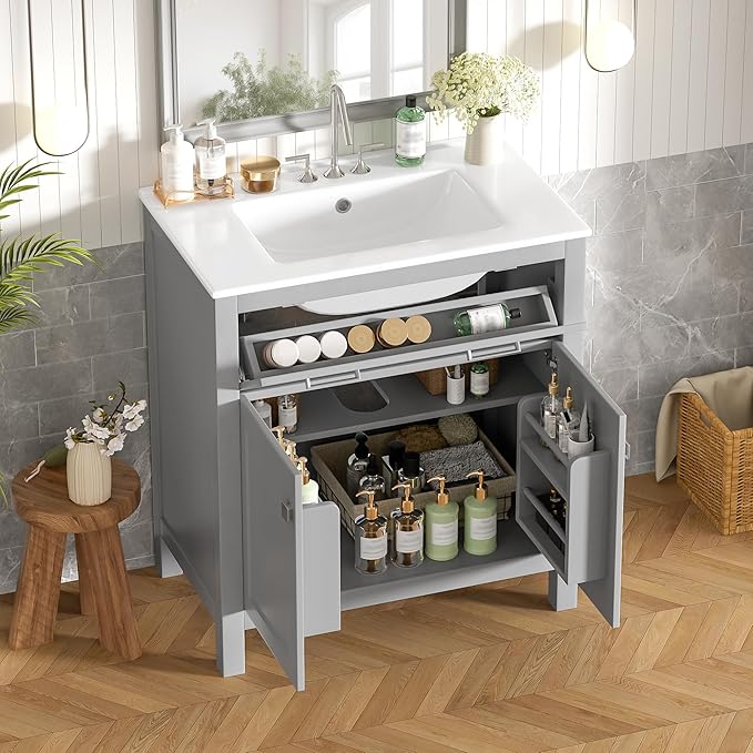 Favfurish 30" Bathroom Vanity with Ceramic Sink,Undermount Single Basin Vanity Set w/1 Flip-Out Drawer and 2 Soft-Close Doors & Adjustable Shelf,Freestanding Storage Cabinet,Solid Wood Frame,Gray