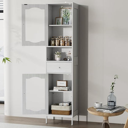 66.4" Tall Bathroom Storage Cabinet with Adjustable Shelves and Glass Doors, Anti-Tipping Narrow Cabinet, Linen Cabinet for Bathroom, Kitchen, Living Room, Cloud White