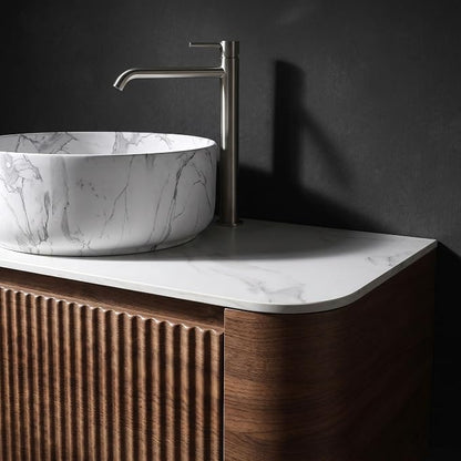 72" Preassembled Double Floating Bathroom Vanity with Carrara Sink, Walnut | Mid-Century Modern Style, Fluted & Soft-Close Drawer with U-shaped Wall, Sinterted Stone Countertop, Towel Rack Included
