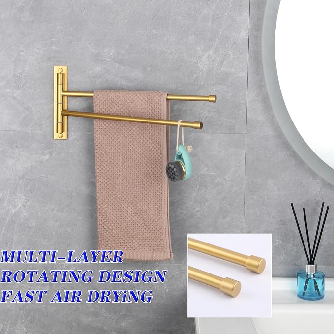 GERZWY Bathroom Swing Arm Towel Bars 2-Arm Wall Mount Stainless Steel Bath Towel Rack Hanger Towel Holder Organizer Gold Finished HYG02-BE