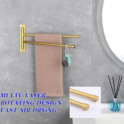 GERZWY Bathroom Swing Arm Towel Bars 2-Arm Wall Mount Stainless Steel Bath Towel Rack Hanger Towel Holder Organizer Gold Finished HYG02-BE