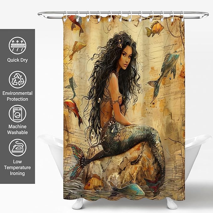 Vintage Mermaid Shower Curtains,Earth Tone Ocean Theme Fish Shower Curtains for Bathroom,Funny Waterproof Polyester Mermaid Bathroom Decor,72x72 Inch