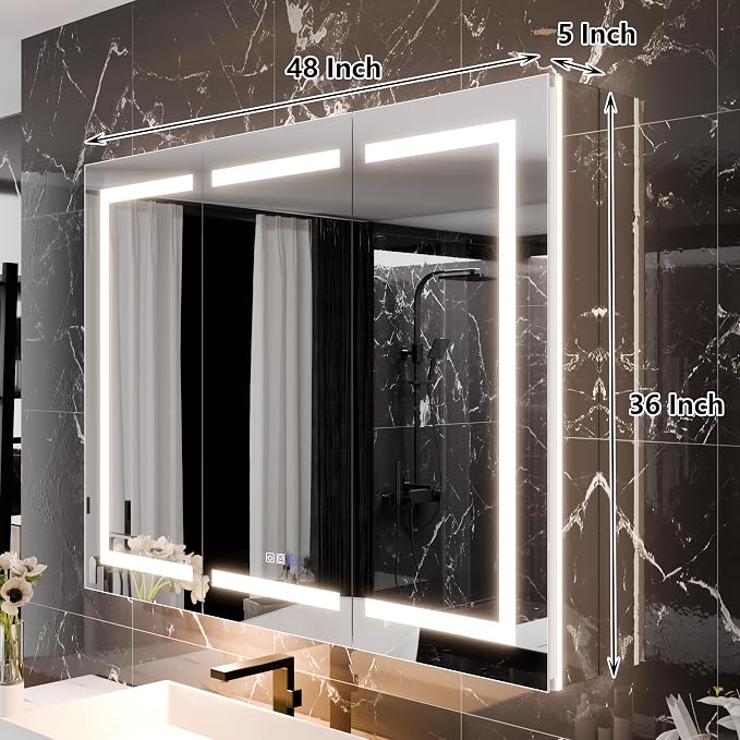 48"x36" Smart LED Medicine Cabinet with Mirror - Triple Door Bathroom Storage, Anti-Fog Technology, 3-Color Stepless Dimming, 5X Magnifier, Night Light, Soft-Close Hinges