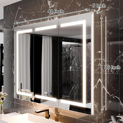 48"x36" Smart LED Medicine Cabinet with Mirror - Triple Door Bathroom Storage, Anti-Fog Technology, 3-Color Stepless Dimming, 5X Magnifier, Night Light, Soft-Close Hinges
