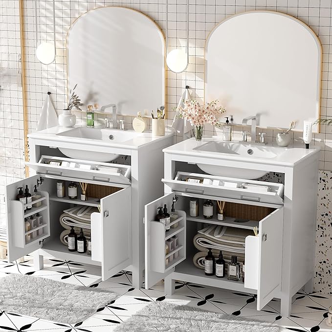 Favfurish 60" Double Bathroom Vanity,Free Standing Double Basin Vanity Set w/ 2 Ceramic Sinks,Adjustable Shelf & Soft Close Doors,Solid Wood Frame Storage Cabinet w/Flip Drawer,for Bathroom,White