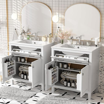 Favfurish 60" Double Bathroom Vanity,Free Standing Double Basin Vanity Set w/ 2 Ceramic Sinks,Adjustable Shelf & Soft Close Doors,Solid Wood Frame Storage Cabinet w/Flip Drawer,for Bathroom,White