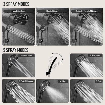 Veken 11.8“ Rain Shower Head with Handheld,Dual High Pressure Shower Heads | 5-mode Hand Held Spray with Hose,Wide Detachable Rainfall,Dual Showerhead Combo,Bathroom Accessories,Easy Install,Decor,Black