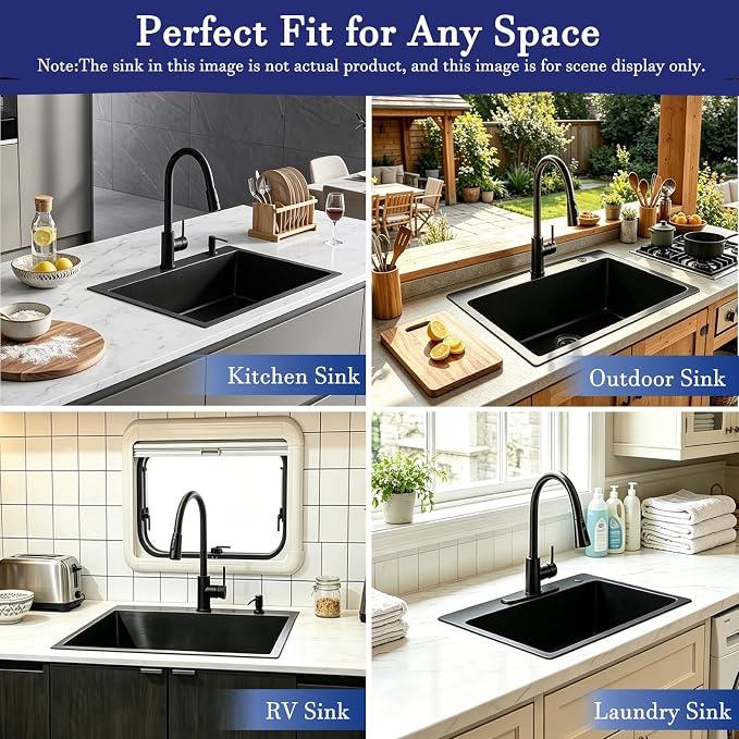 VAPSINT 28x18 Inch Black Drop In Kitchen Sink, 28 Inch Gunmetal Black Top Mount Extra-Thick Stainless Steel Single Bowl Sink RV Laundry Utility Prep Sink with Drain Strainer & Metal Grid
