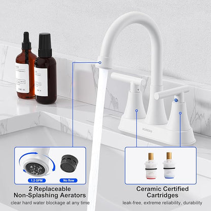 Bathroom Faucets for Sink 3 Hole, Hurran 4 inch Bathroom Sink Faucet with Pop-up Drain and Supply Hoses, Stainless Steel Lead-Free Centerset Faucets for Sink Vanity RV, White