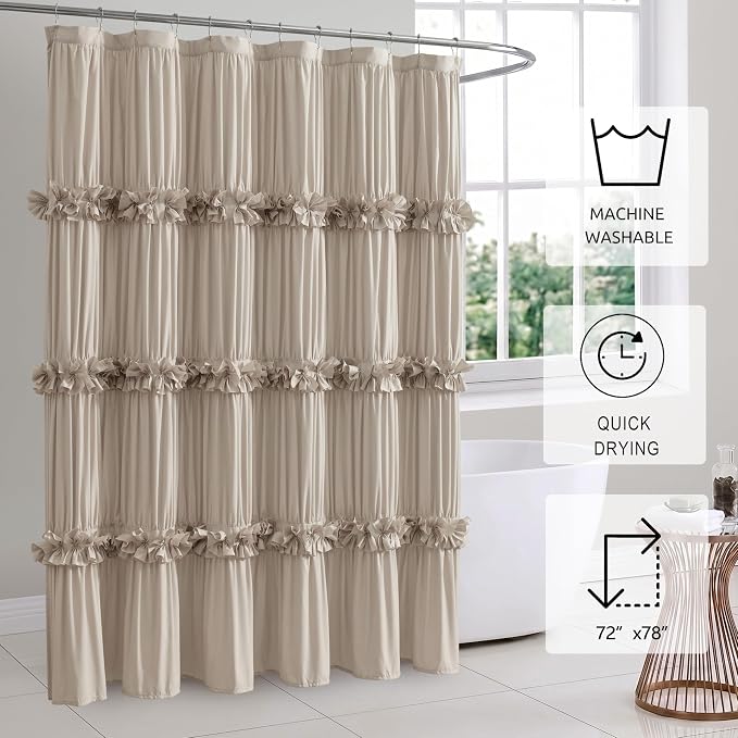 Camel Ruffle Shower Curtain, 72"x78" | Long Bathroom Curtain with 12 Buttonholes, Vintage Handcrafted Bow Tie Bath Curtain for Master Bathroom (LQ-10)